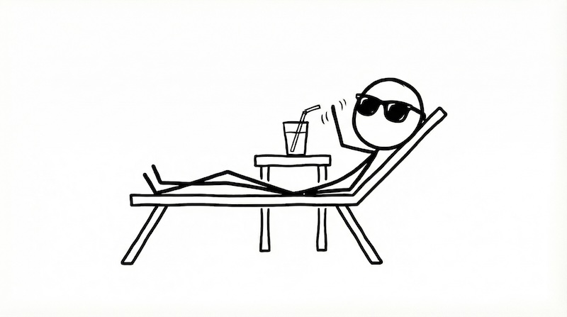 A black and white comic illustration of someone lounging poolside and waving to the camera
